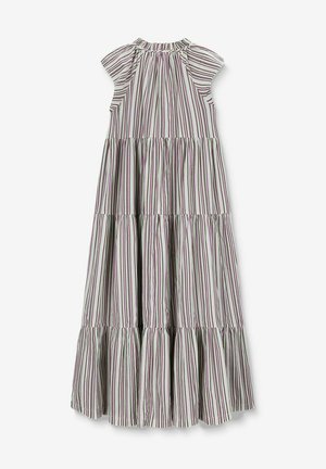 Gestreepte maxi-jurk met korte kapmouwtjes, met gelaagde ruches en een geraffineerde halslijn. Kleuren zijn onder andere groene, witte en paarse strepen.