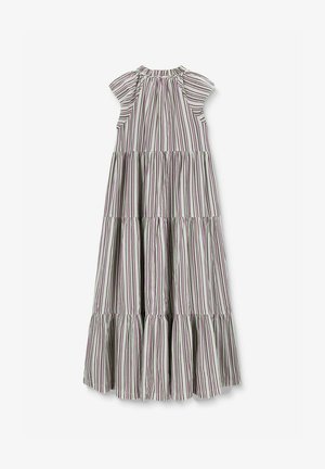 Gestreepte maxi-jurk met korte kapmouwtjes, met gelaagde ruches en een geraffineerde halslijn. Kleuren zijn onder andere groene, witte en paarse strepen.