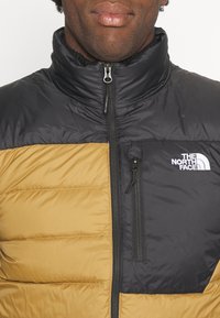 Homme portant une doudoune North Face marron et noire, zippée jusqu'au col, montrant le logo de la marque sur la poitrine.