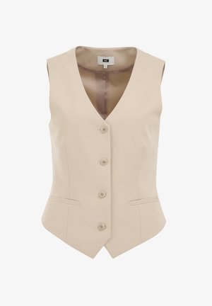 Beige tailored vest with a v-neckline, four buttons, and two front pockets. Smooth texture and structured fit. Lined interior.