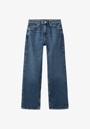 Vaqueros de pierna ancha en azul oscuro. Presentan un diseño clásico de cinco bolsillos con cremallera, costuras en contraste y sin adornos.