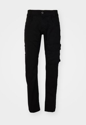 Pantalones cargo negros con un ajuste Slim, hechos de un tejido de algodón duradero. Presentan múltiples bolsillos y un cierre de botón en la cintura.