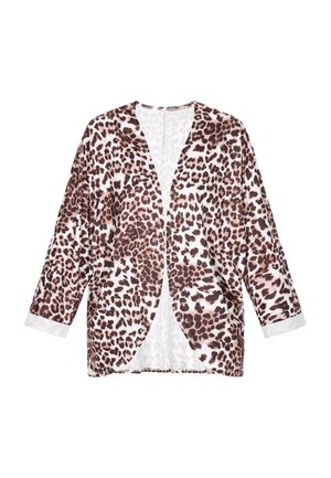 Leopardenmuster, leichtes Kimono-Jacke mit Dreiviertelärmeln, lockerer Passform und weißem Innenfutter.