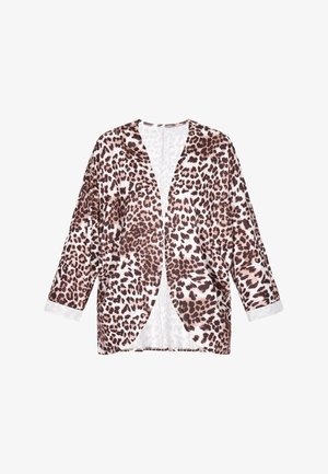 Leopardenmuster, leichtes Kimono-Jacke mit Dreiviertelärmeln, lockerer Passform und weißem Innenfutter.