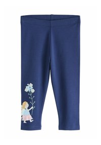 Leggings azul marino con una textura fina, que presentan un diseño bordado de hada y flores en una pierna. Cintura elástica para mayor comodidad.