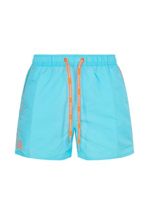 Lichtblauwe zwemshorts met oranje koordjes en zijnaden, met een klein oranje logo op het linkerbeen.