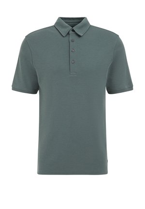 Polo majica s kratkim rukavima u prigušenoj zelenoj tkanini, s ovratnikom, pet dugmadi i opuštenim krojem s blagim detaljima šavova.