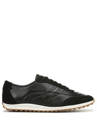 Zwarte sportieve schoenen van leer en suede, met een ronde neus, een gevoerde zool en gestructureerde zijpanelen. Vlakke veters en rubberen buitenzool.