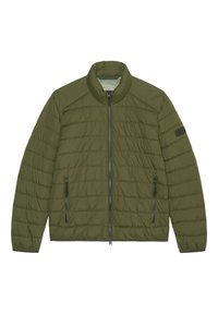 Olive green puffer jacket with quilted texture, zip front, and high collar. Features two side pockets with black zippers and a logo patch.