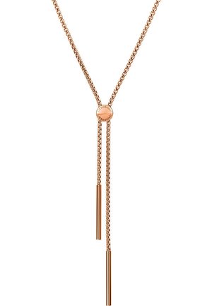 Rose gold halskæde med et Y-formet design, der har et rundt metalcenter og to aflange stang-vedhæng, som strækker sig ned under kæden.