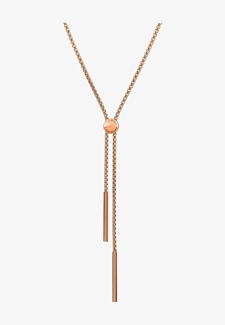 Rose gold halskæde med et Y-formet design, der har et rundt metalcenter og to aflange stang-vedhæng, som strækker sig ned under kæden.