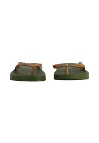 Grønne flip-flops med struktureret fodseng, brune, vævede stropper og en flad såldesign. Stropperne har en central tab til fastgørelse.