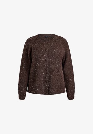 Hnědý pletený kardigan s kulatým výstřihem, dlouhými rukávy a pěti knoflíky; má skvrnitou strukturu s lesklými akcenty po celém povrchu.