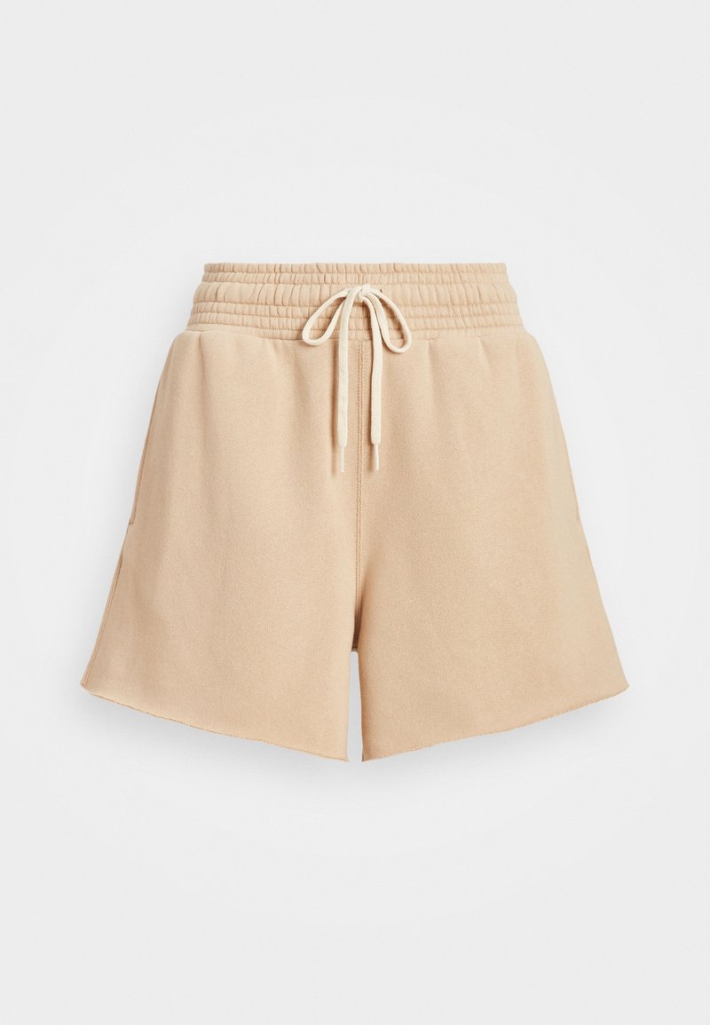 Shorts décontractés beige avec taille élastique et cordon blanc, réalisés en tissu doux et texturé.