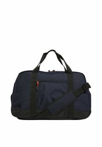 Navy blue duffel bag with black accents, durable fabric, zippered top, adjustable shoulder strap, and logo detail on the side.