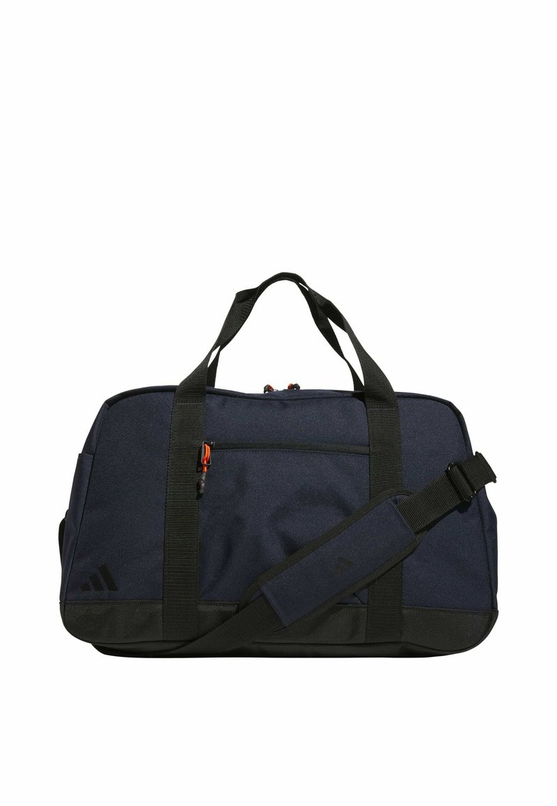 Navy blue duffel bag with black accents, durable fabric, zippered top, adjustable shoulder strap, and logo detail on the side.