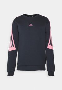 Dark navy sweatshirt with pink Adidas logo on the chest and signature three stripes design on the sleeves. Minimalist and sporty style.