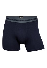 Mørkeblå boxershorts lavet af blødt stof, med en grå elastisk talje med "JBS UNDERWEAR" logo. Glat overflade og tætsiddende design.