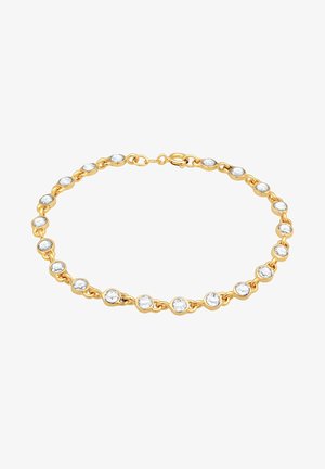 Gouden kettingarmband met ronde heldere edelstenen in ronde zettingen, verbonden door gebogen metalen schakels. Veilige haaksluiting.