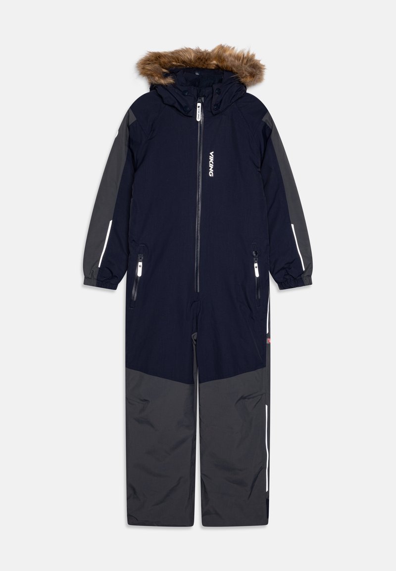 Navy blue one-piece snowsuit with gray accents, fur-lined hood, front zipper, two zippered pockets, and reflective details on sleeves and legs.