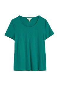 Tyrkysové tričko s krátkým rukávem a kulatým výstřihem. Vyrobeno z měkkého, lehkého materiálu. Vyznačuje se hladkou texturou a jednoduchým designem.