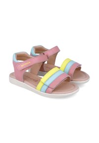 Sandalias de colores rosa y pastel con correas ajustables. Presentan rayas horizontales en amarillo, azul claro y rosa. Suela de goma y plantillas suaves.