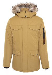 Kaki geïsoleerd jack met een capuchon gevoerd met nepbont, voorzakken met drukknopen en een zak met rits op de mouw. Kenmerkt zich door een gladde textuur en een stevig ontwerp.