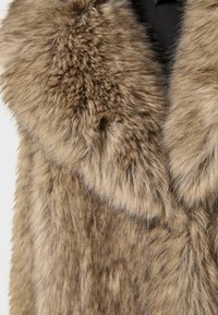 Cappotto in pelliccia sintetica con una texture morbida e soffice di colore marrone chiaro con accenti più scuri e colletto arrotondato.