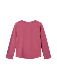 Langärmliges T-Shirt mit Rundhalsausschnitt aus weichem, einfarbigem rosa Jersey-Stoff. Schlichtes Design ohne Muster oder Akzente, glatte Textur und gerader Saum.