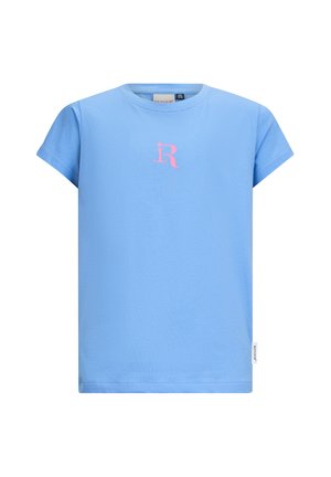T-shirt azzurro chiaro a maniche corte in cotone, con un logo stilizzato "R" rosa al centro davanti. Design semplice e dalla vestibilità rilassata.