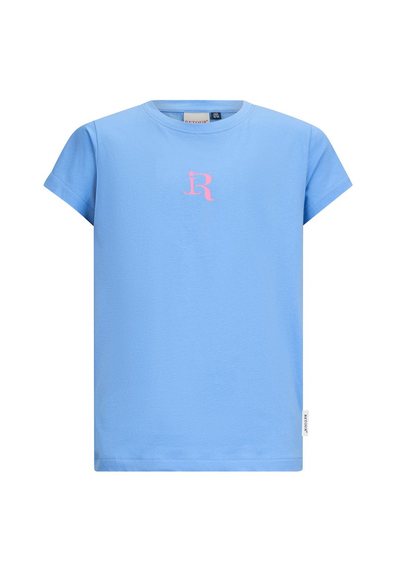 T-shirt azzurro chiaro a maniche corte in cotone, con un logo stilizzato "R" rosa al centro davanti. Design semplice e dalla vestibilità rilassata.