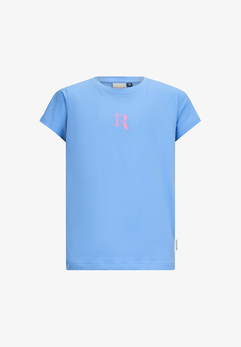 T-shirt azzurro chiaro a maniche corte in cotone, con un logo stilizzato "R" rosa al centro davanti. Design semplice e dalla vestibilità rilassata.
