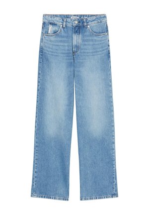 Light blue denim wide-leg jeans with a high waist, featuring five pockets, a subtle fade, and a straight hem. Classic button and zipper closure.