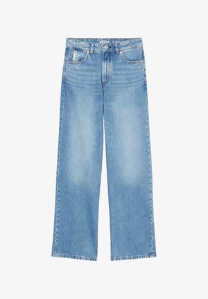 Light blue denim wide-leg jeans with a high waist, featuring five pockets, a subtle fade, and a straight hem. Classic button and zipper closure.