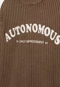 Pull marron côtelé avec un texte blanc indiquant "AUTONOMOUS" et "19 DAILY IMPROVEMENT 91." Le texte est centré sur la poitrine.
