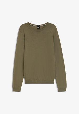 Maglione a maniche lunghe color verde oliva con collo a giro, polsini e orlo a coste, in tessuto leggero a maglia, con un piccolo etichetta nera del marchio sul collo.