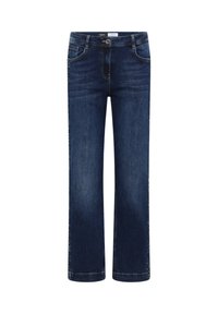 Vaqueros azul oscuro de corte recto en denim con bolsillos delanteros, cremallera y detalle de costuras en contraste a lo largo de las costuras.