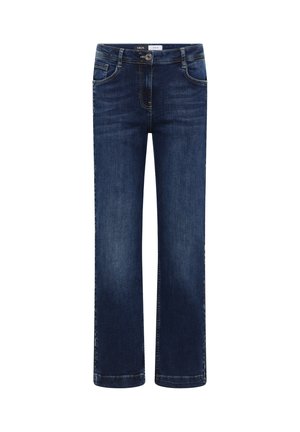 Ciemnoniebieskie dżinsy o prostych nogawkach wykonane z denimu, z przednimi kieszeniami, zamkiem błyskawicznym i kontrastowym przeszyciem wzdłuż szwów.