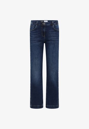 Ciemnoniebieskie dżinsy o prostych nogawkach wykonane z denimu, z przednimi kieszeniami, zamkiem błyskawicznym i kontrastowym przeszyciem wzdłuż szwów.