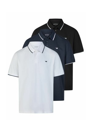 Drei Polohemden in Weiß, Marineblau und Schwarz; Baumwollmaterial, kurze Ärmel, Kragen und kontrastierende Einfassung; kleines Logo auf der Brust.