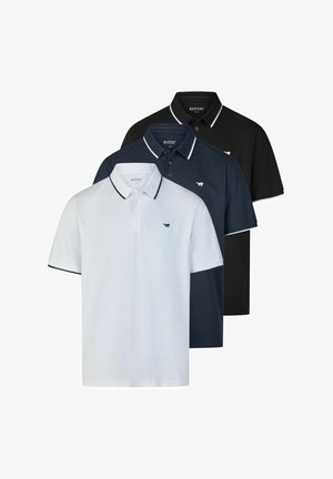 Drei Polohemden in Weiß, Marineblau und Schwarz; Baumwollmaterial, kurze Ärmel, Kragen und kontrastierende Einfassung; kleines Logo auf der Brust.