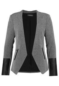 Šedý texturovaný blazer s černými manžetami z umělé kůže a postranními zipy; otevřený přední design, bez límce a hladká podšívka.