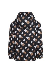 Black, brown, and white patterned jacket with a hood; features an elastic waistband and cuffs; made from lightweight, water-resistant material.