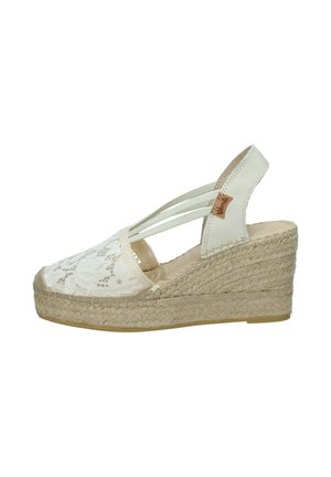 Sandalo espadrille bianco con zeppa, suola in juta intrecciata, copertura in pizzo per le dita, cinturini elastici e cinturino sul tallone in pelle con una piccola etichetta marrone.