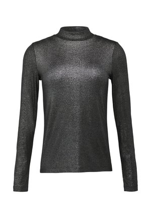 Haut à manches longues en tissu noir brillant avec un col montant, présentant une texture lisse et un design ajusté.