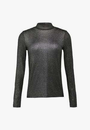 Langarmtop van glanzende zwarte stof met een hoge hals, voorzien van een gladde textuur en een getailleerd ontwerp.