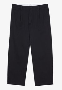 Pantaloni neri realizzati in cotone leggero, con una vestibilità a gamba dritta, tasche anteriori e chiusura con bottone abbinato al cinturino.