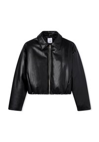 Czarna kurtka z sztucznej skóry, skrócona, z zamkiem z przodu i spiczastym kołnierzem, rozmiar mały, wyeksponowana na białym tle.