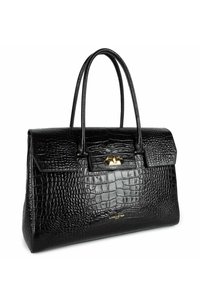 Borsa a mano in pelle nera con motivo coccodrillo, dotata di due manici superiori, hardware dorato, forma rettangolare e chiusura a patta frontale.