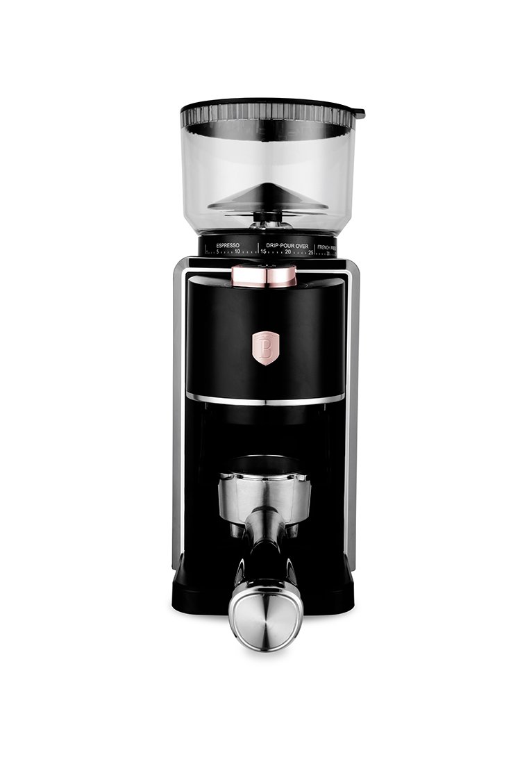 Černý a stříbrný mlýnek na kávu s průhlednou nádobou na kávová zrnka, kovovou základnou a dávkovacím knoflíkem s nastavením pro espresso a filtrovanou kávu.